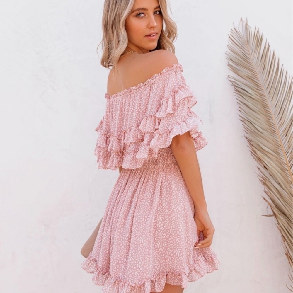 Smocked Off-Shoulder Ruffle Mini Dress in Blush Pink